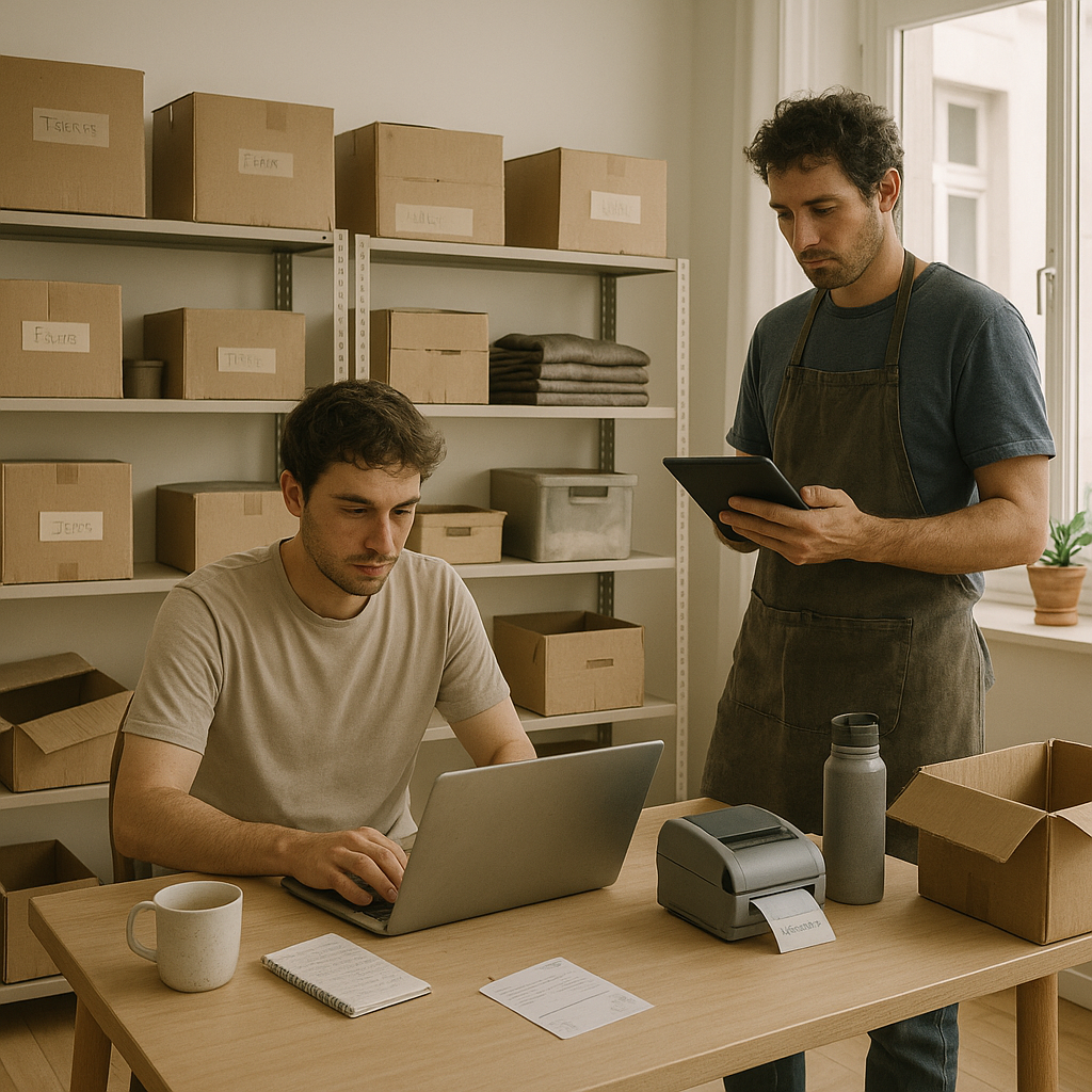 Two people in a stockroom